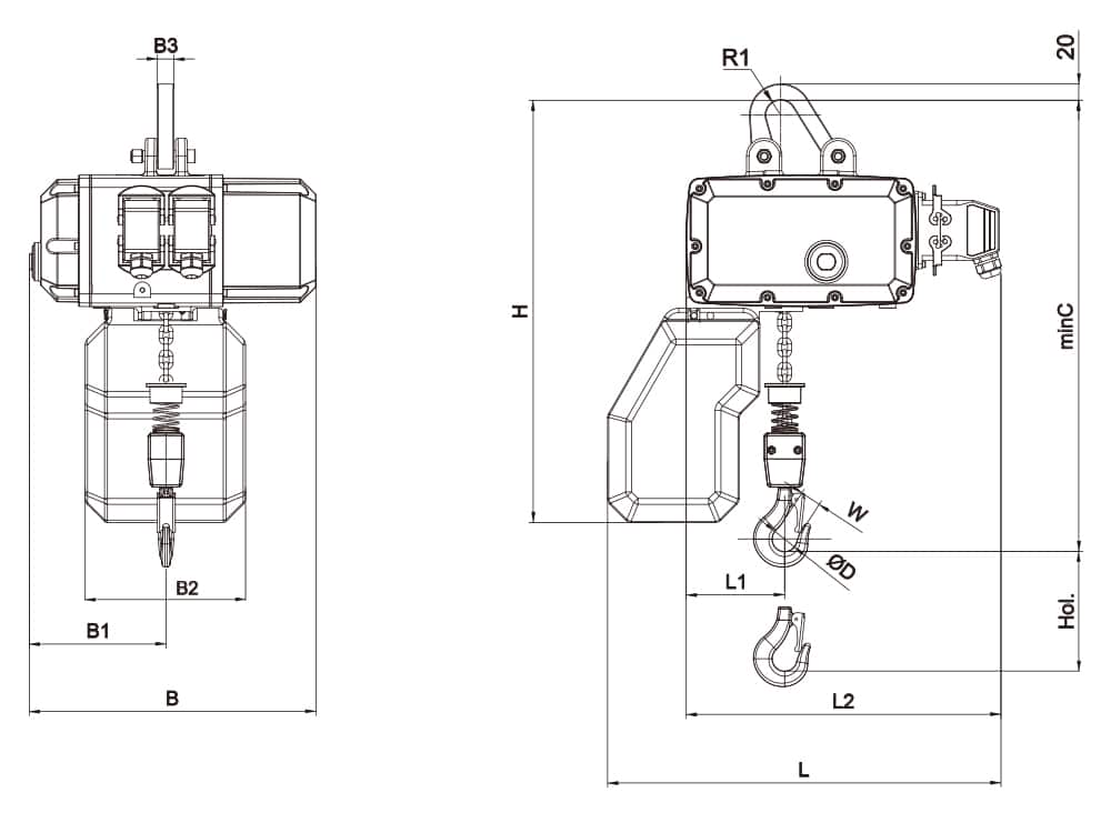 AC Cranes NV1 — 250 kg / FEM 3m, F-tyypin mittapiirros