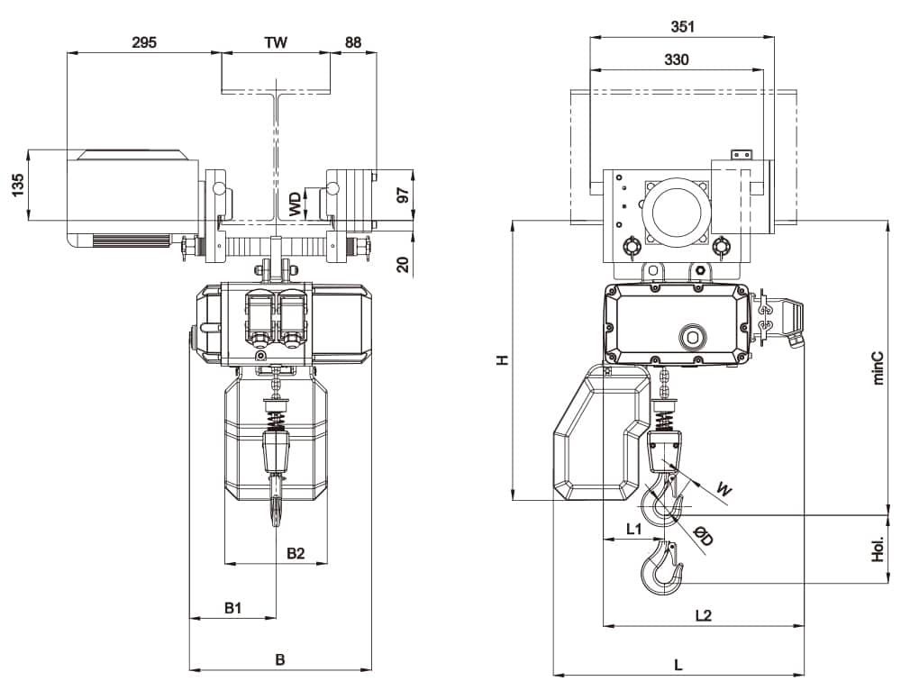 AC Cranes NV1 — 500 kg / FEM 3m, M/E-tyypin mittapiirros