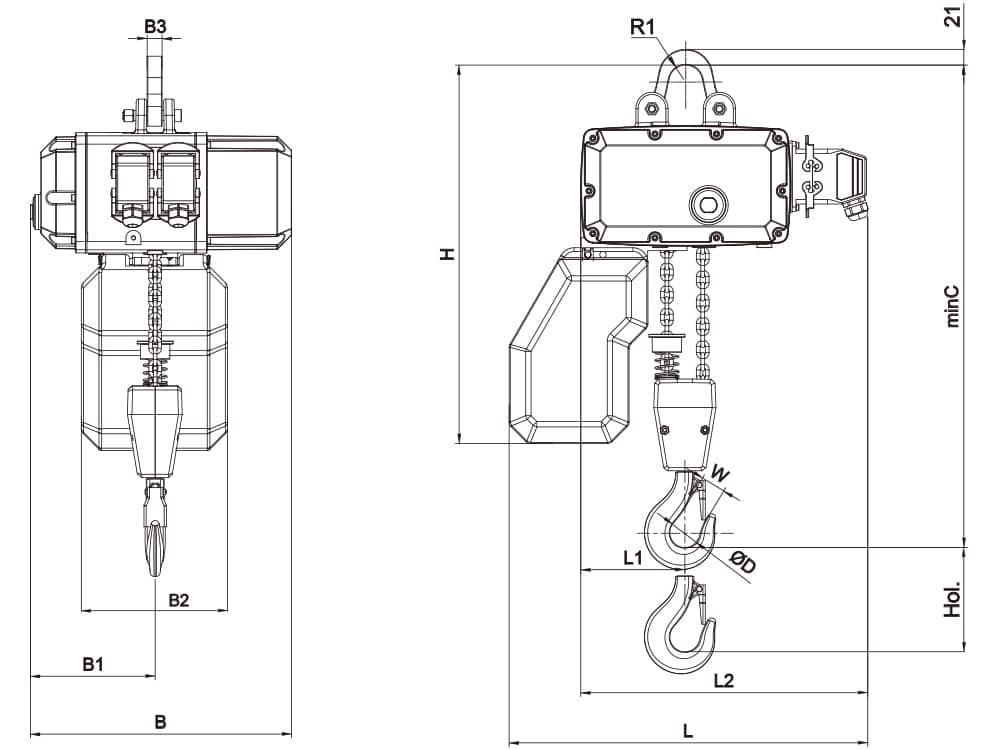 AC Cranes NV1 — 1600 kg / FEM 3m, F-tyypin mittapiirros