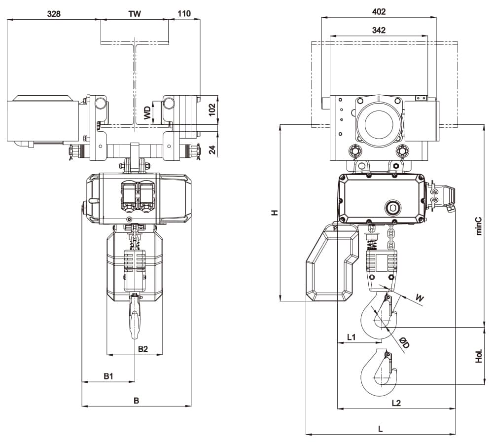 AC Cranes NV1 — 1600 kg / FEM 3m, M/E-tyypin mittapiirros