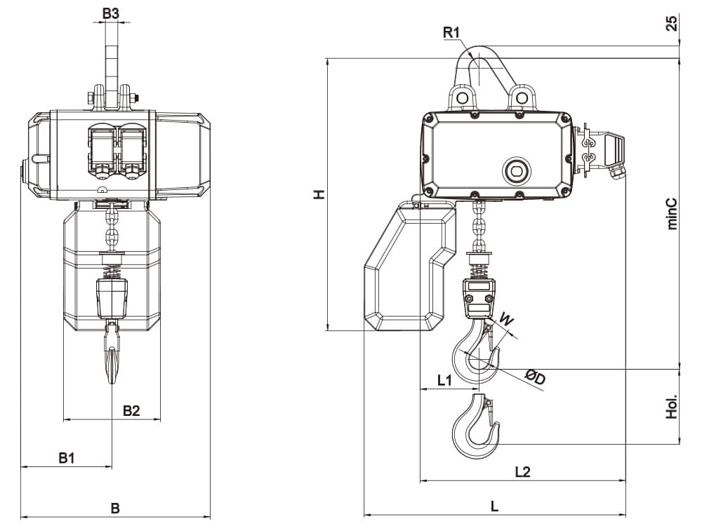 AC Cranes NV1 — 1000 kg / FEM 2m, F-tyypin mittapiirros